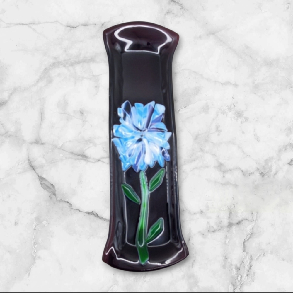 Fused Glass Art Tray Amethyst with Blue Flower Hand Crafted 3 X 11.5